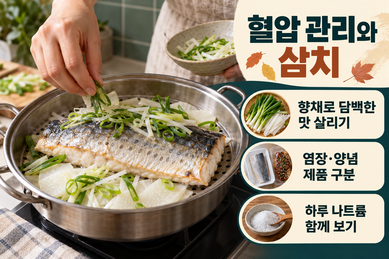 삼치 &middot; 담백한 살과 향채로 짠 양념을 줄여보세요 실사 인포그래픽