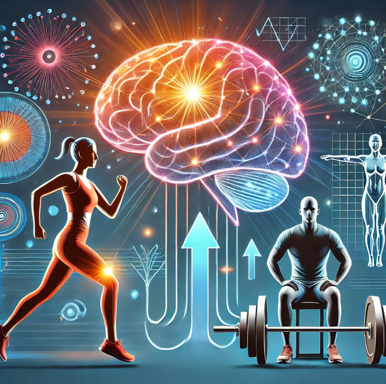 달리기 , 요가와 같은 운동을 뇌 성장 및 신경 활동과 연결하는 역동적인 시각적 자료를 통해 신체 활동이 어떻게 신경가소성을 촉진하는지 보여주는 그림