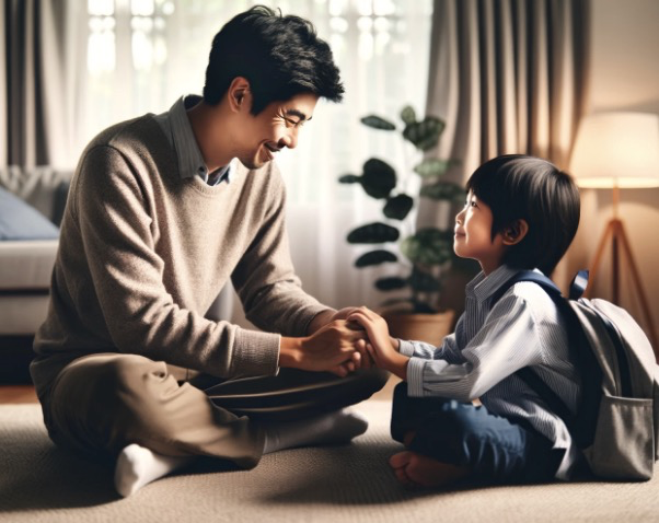 등교 전 5분의 조용한 연결, 서로를 바라보는 따뜻한 눈빛이