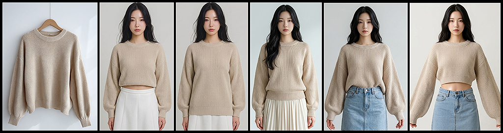 모델 고정 상태에서 상의·하의 경계면과 길이감 표현을 변경하며 다양한 시도를 진행한 실패/한계 예시_Nano Banana