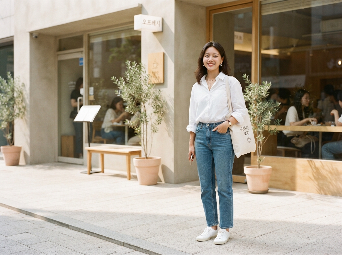 A young Korean woman in her mid-20s wearing a crisp white button-up shirt and classic straight-leg denim jeans, standing casually outside a bright minimalist cafe, natural summer daylight, soft shadows, clean editorial fashion photography style, warm neutral tones