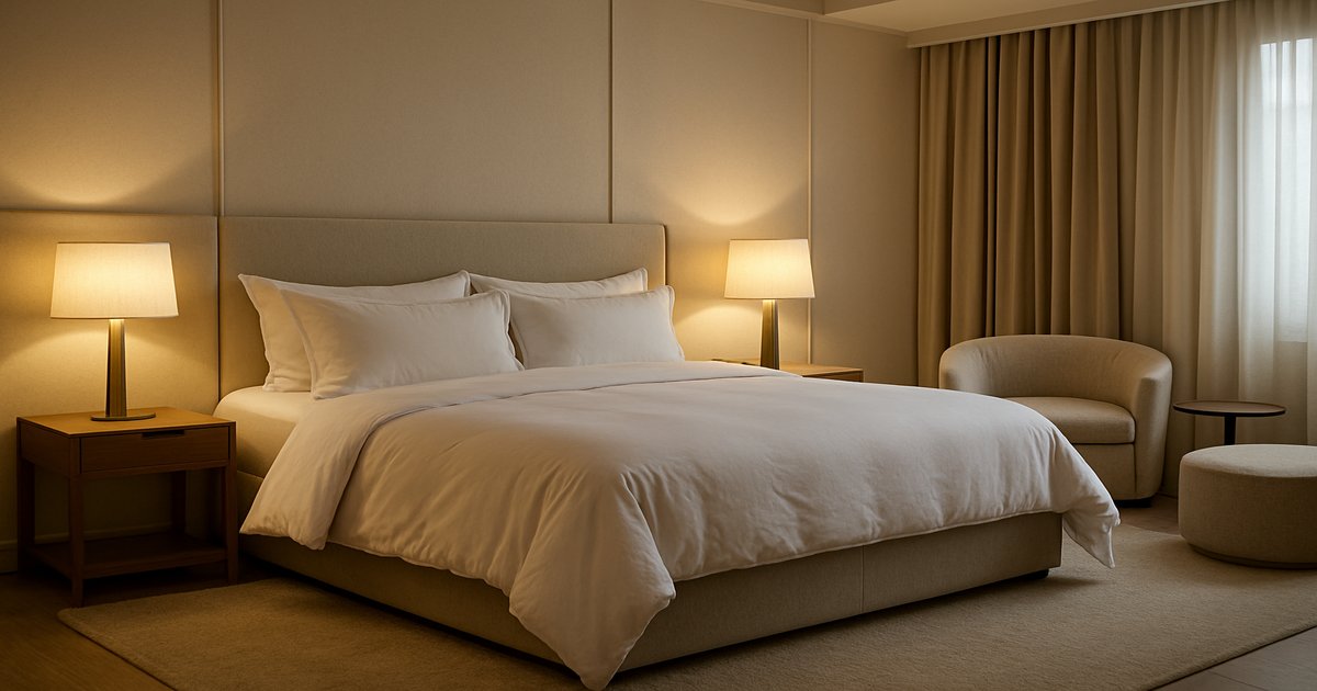 고급 호텔 스타일의 침실 인테리어, 흰색 린넨과 따뜻한 조명, 미니멀한 가구가 조화를 이루는 공간