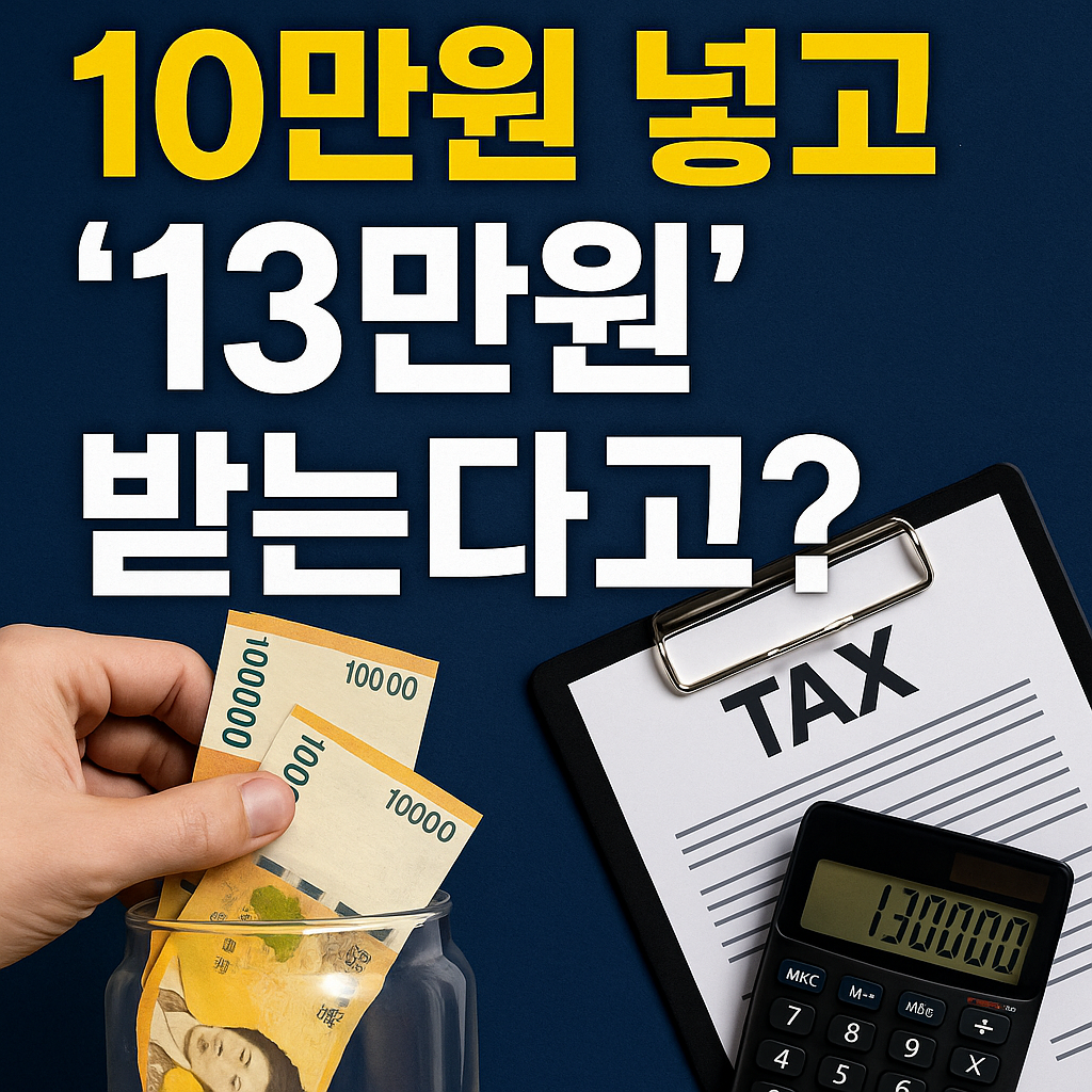 노란 배경 위에 &lsquo;10만원 넣고 13만원 받는 세테크&rsquo;라는 문구와 함께 동전, 지갑, 세금 환급 아이콘이 들어간 뉴스형 썸네일 이미지