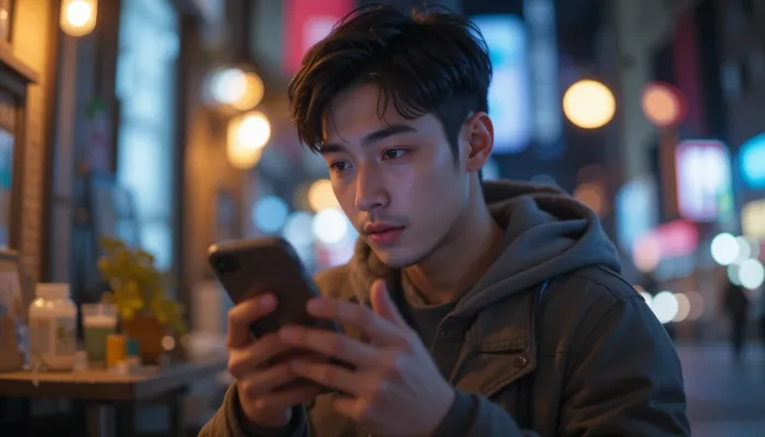 스마트폰으로 멜라토닌 리뷰를 검색하는 남성