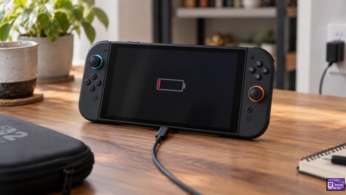 닌텐도 스위치2 완전 방전과 USB-C 충전불량으로 배터리 경고가 나타난 상황 재현 이미지