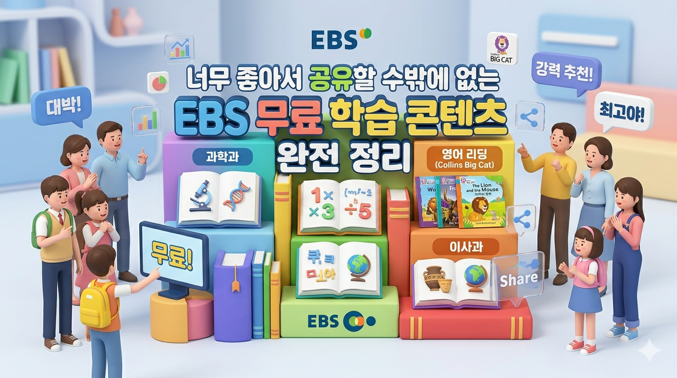 EBS 무료 학습 콘텐츠 완전 정리, 콜린스 빅캣 영어 교재와 다양한 학습 자료,학생들과 학부모 캐릭터가 기뻐하며 추천하는 모습