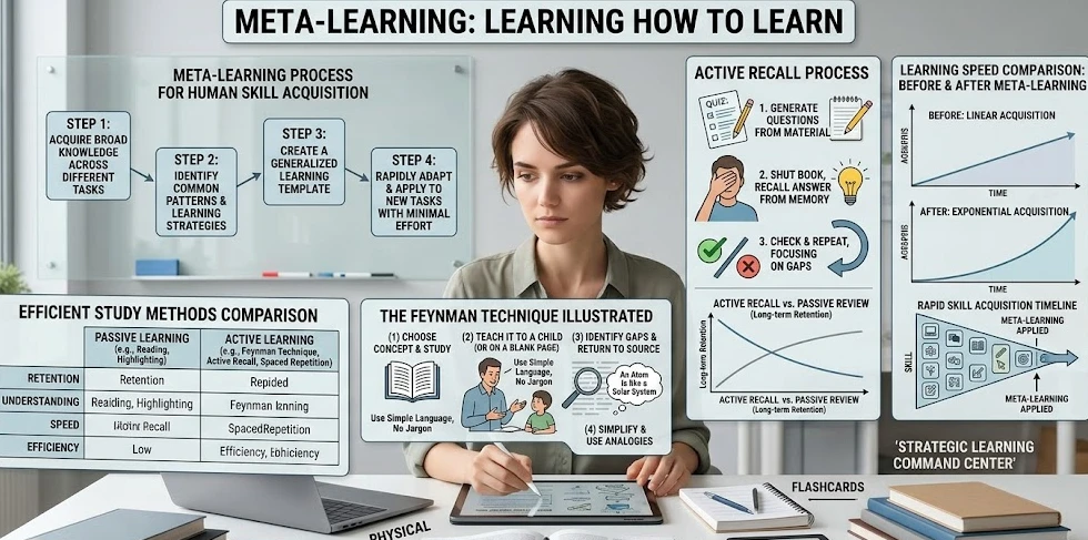 메타 학습 프로세스, 능동적 회상, 페인만 기법이 도식화된 대형 인포그래픽 보드 앞에 앉아 태블릿과 노트를 활용해 전략적으로 학습 중인 여성