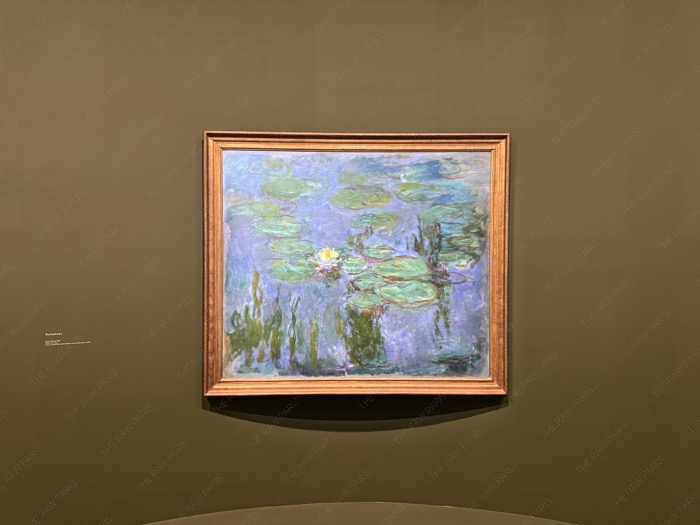 Framed Claude Monet Water Lily painting mounted on deep green exhibition wall.