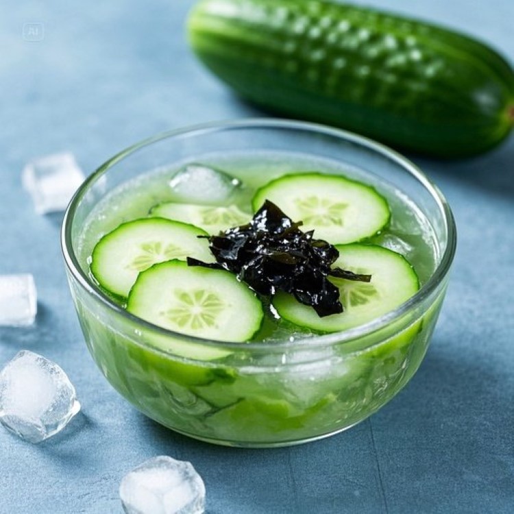 투명한 유리그릇에 담긴 시원한 오이냉국, 아삭한 반달 모양 오이와 검은 미역이 얼음과 함께 떠있는 모습. 배경에는 신선한 오이 전체와 절단면이 보이고, 식초병과 설탕이 함께 배치된 깔끔하고 시원한 여름 음식 이미지.