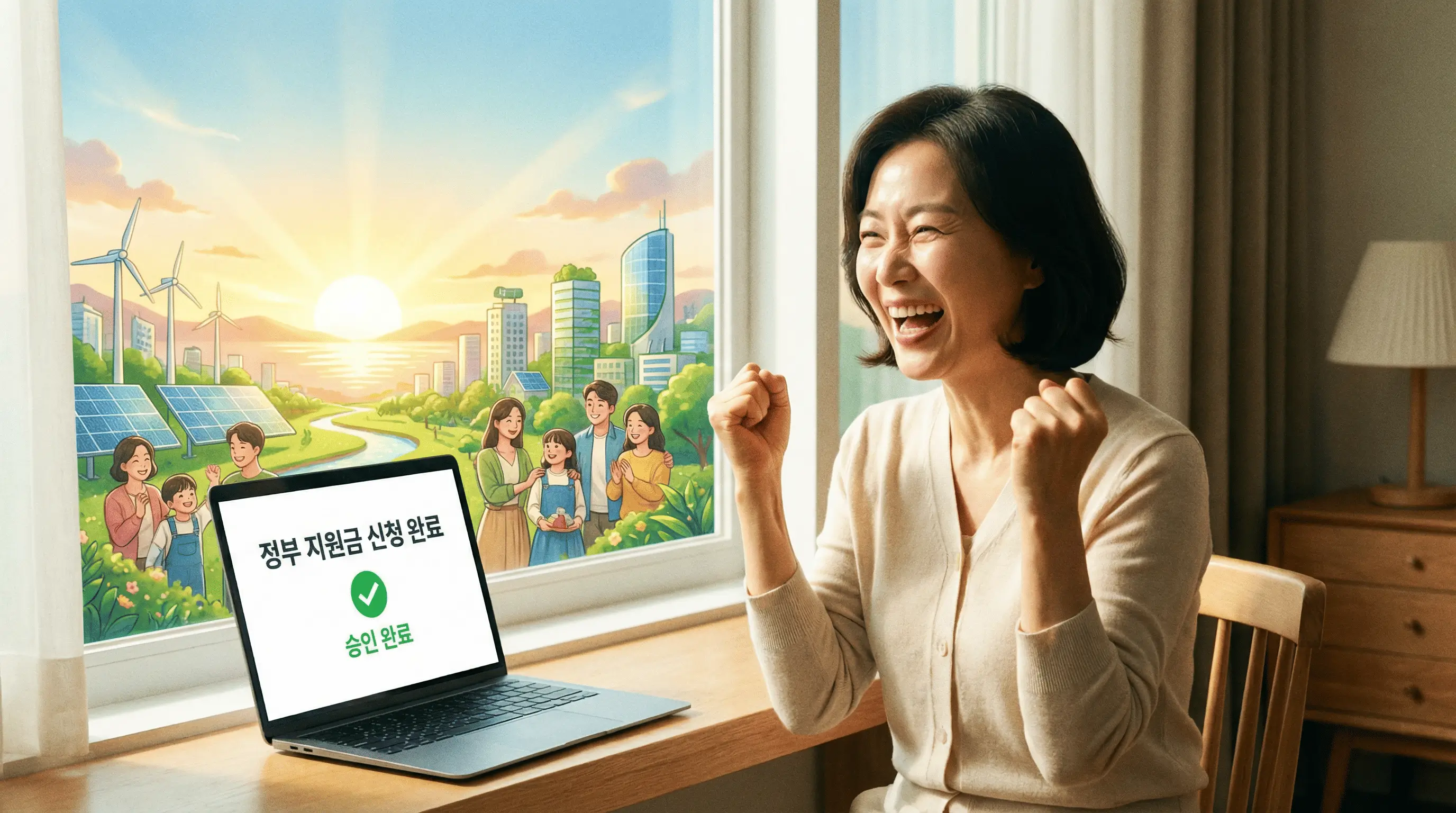 환하게 웃으며 노트북으로 정부 지원금 신청을 완료한 모습, 밝은 미래를 암시하는 배경