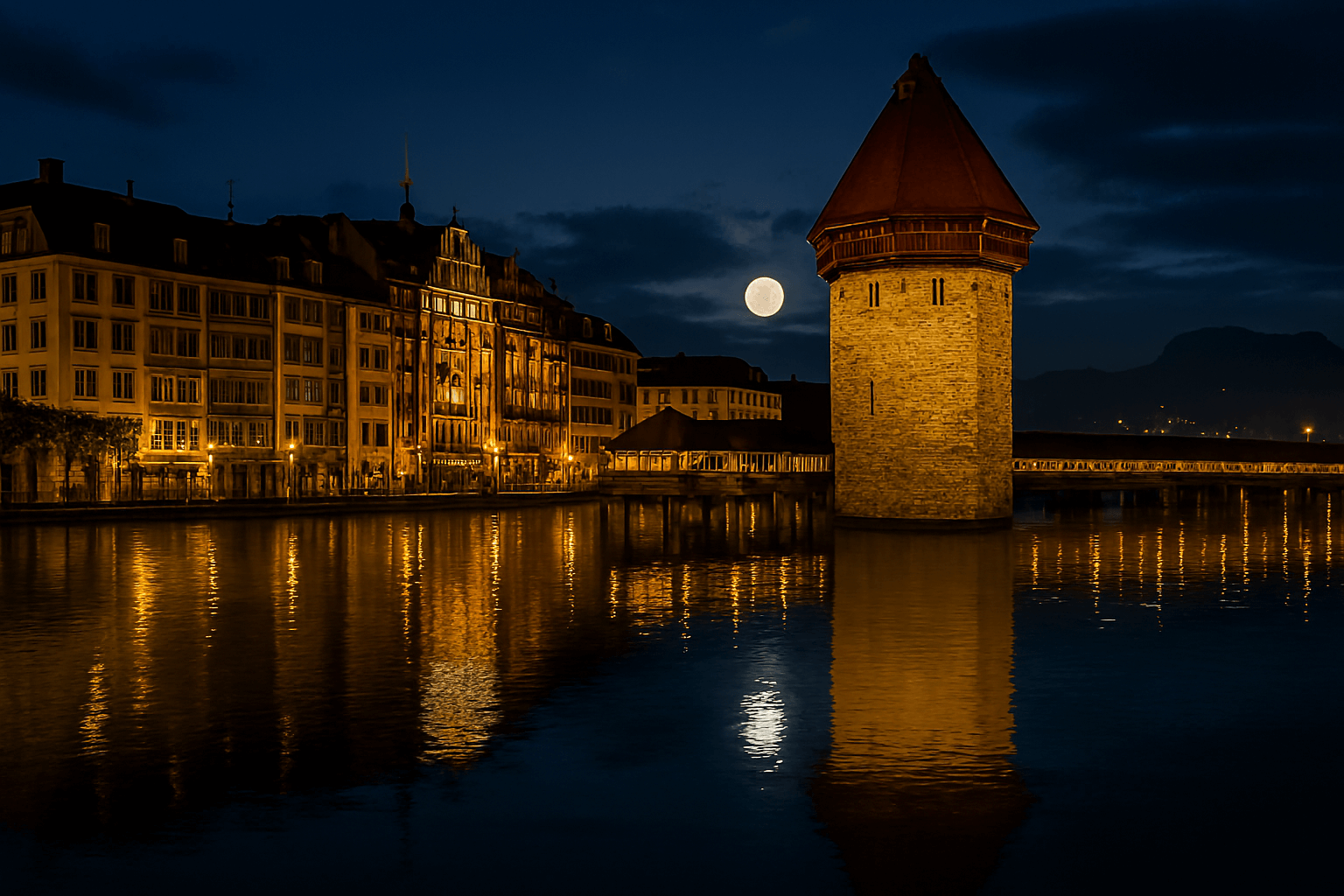 고즈넉한 루체른 호수 위로 그림처럼 놓인 유서 깊은 카펠교가 황혼녘 조명 아래 빛나는 모습. 주변 건물들과 어우러져 로맨틱한 분위기를 자아낸다.