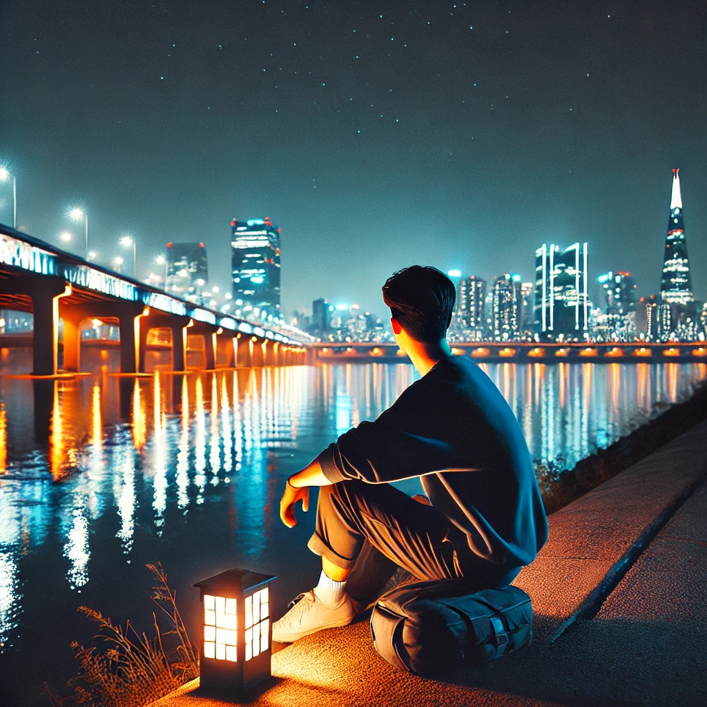 한강에서 야경 구경하는 사진