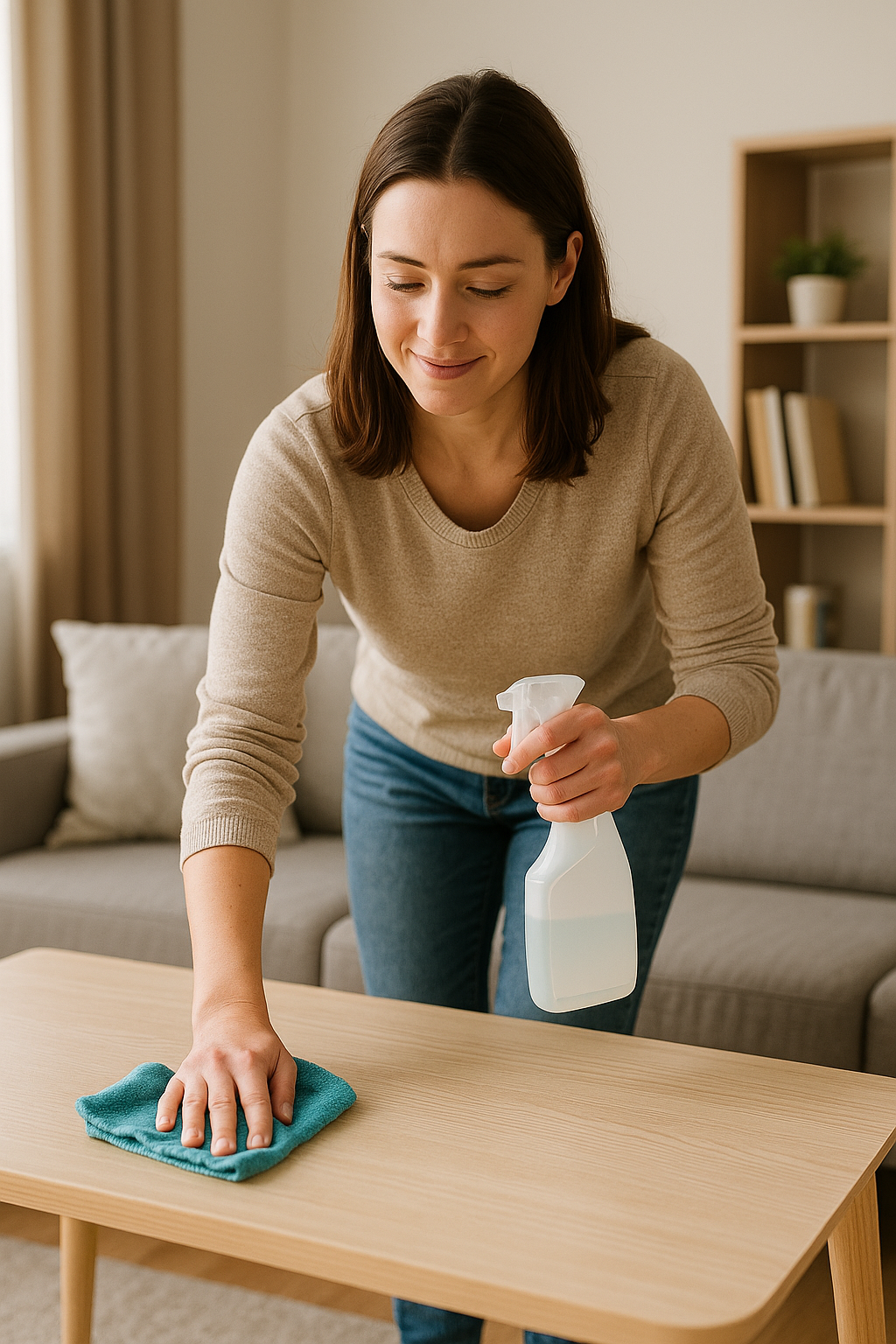 책상을 닦고 있는 사람 모습