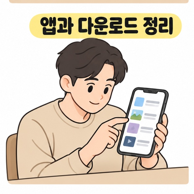 앱과 다운로드 정리 제목 아래 스마트폰의 앱과 영상 목록을 확인하는 남성