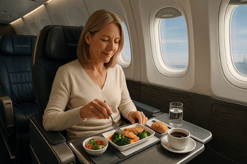비행기에서 기내식을 먹고 있는 웹툰