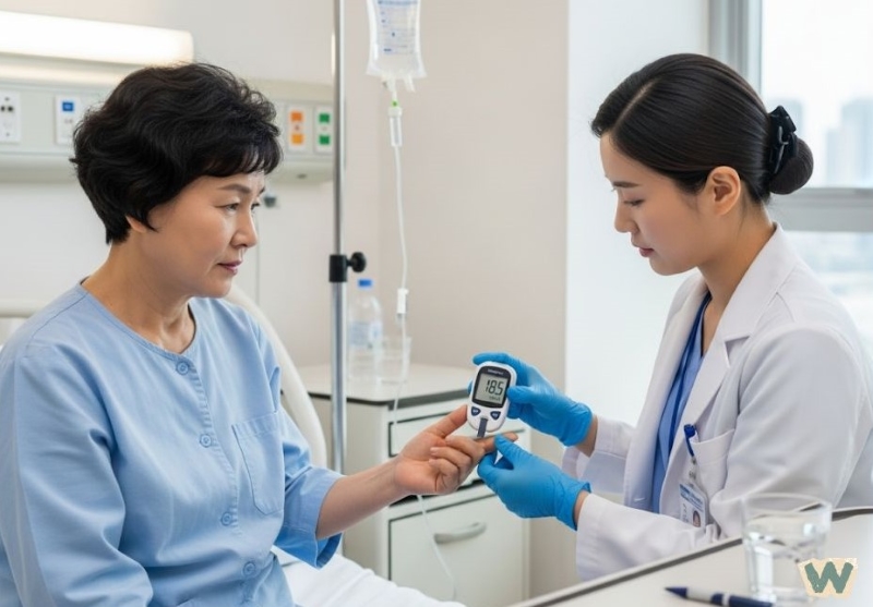 간호사가 당뇨 환자의 혈당을 측정하는 장면 via canva