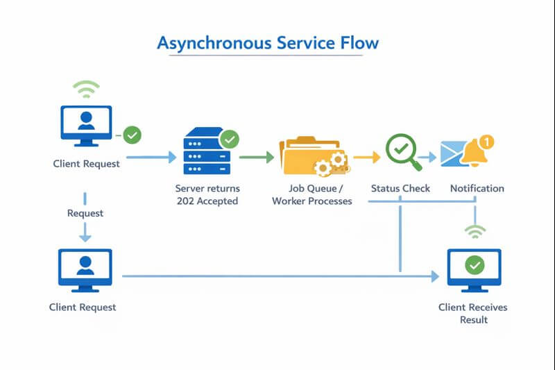 전산학 서비스에서 사용자가 요청을 보내면 서버가 즉시 접수 응답을 주고, 백그라운드 큐에서 작업을 처리한 뒤 완료 알림 또는 결과 조회로 마무리되는 비동기식 처리 흐름