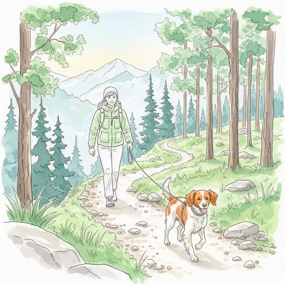 산책로를 함께 걷는 사람과 강아지