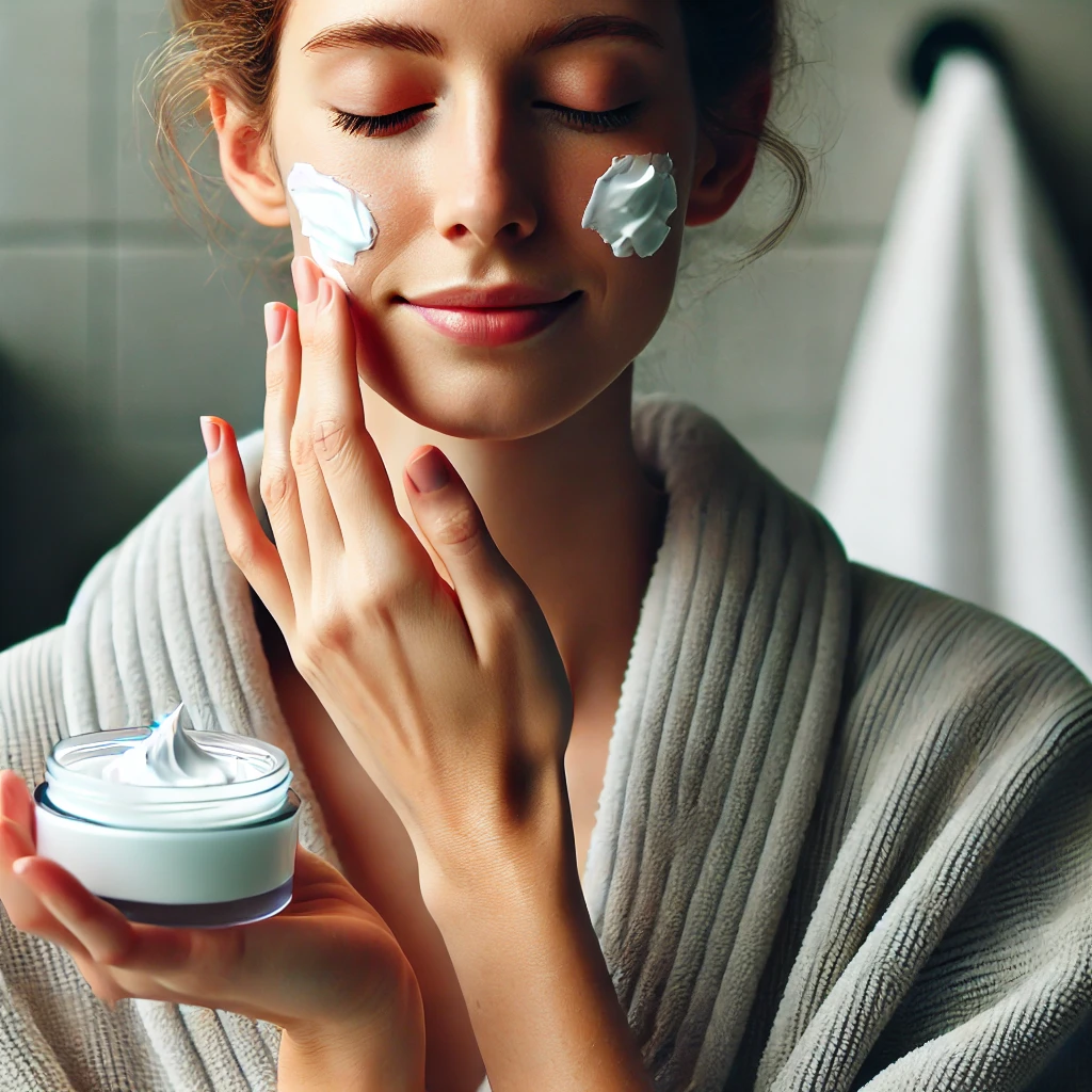 세안 후, 수분 크림을 부드럽게 얼굴에 바르는 장면. 피부과 시술 후 민감해진 피부에 보습제를 손으로 가볍게 펴 바르는 모습.