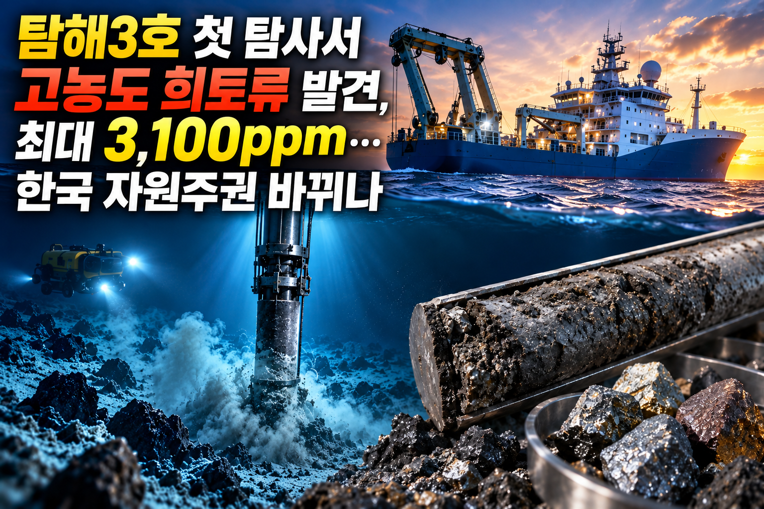 탐해3호 첫 탐사서 고농도 희토류 발견, 최대 3,100ppm… 한국 자원주권 바뀌나 관련 사진