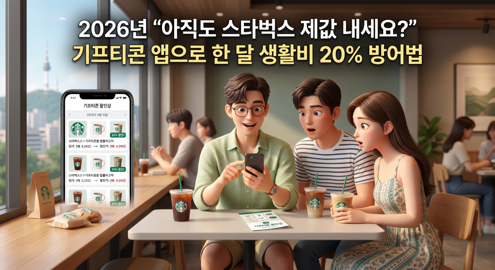 키프티콘으로 저렴하게 생활하는 방법을 설명하는 모습을 재현한 캐릭터 이미지