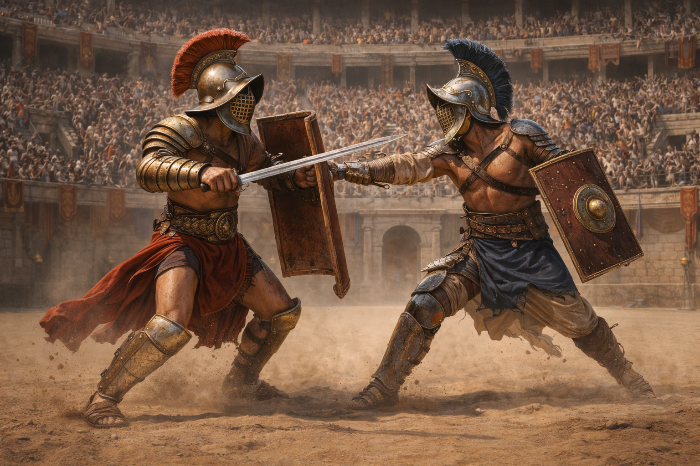 로마 원형경기장에서 펼쳐지는 검투사 무투 공연