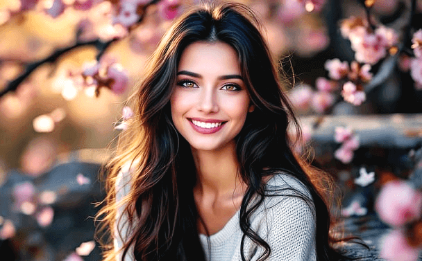 긴 파마머리 젊은 여자가 환하게 웃고 있다. 갈색머리의 백인 여성이고 갈색 눈을 가졌다. 주변엔 분홍꽃 나무가 있다.