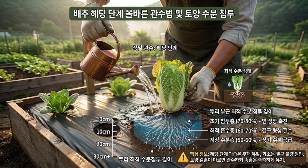 배추 속잎이 모여 알을 품는 결구기에 뿌리 깊숙이 수분을 공급하는 점적관수 및 올바른 토양 물주기 관수 현장