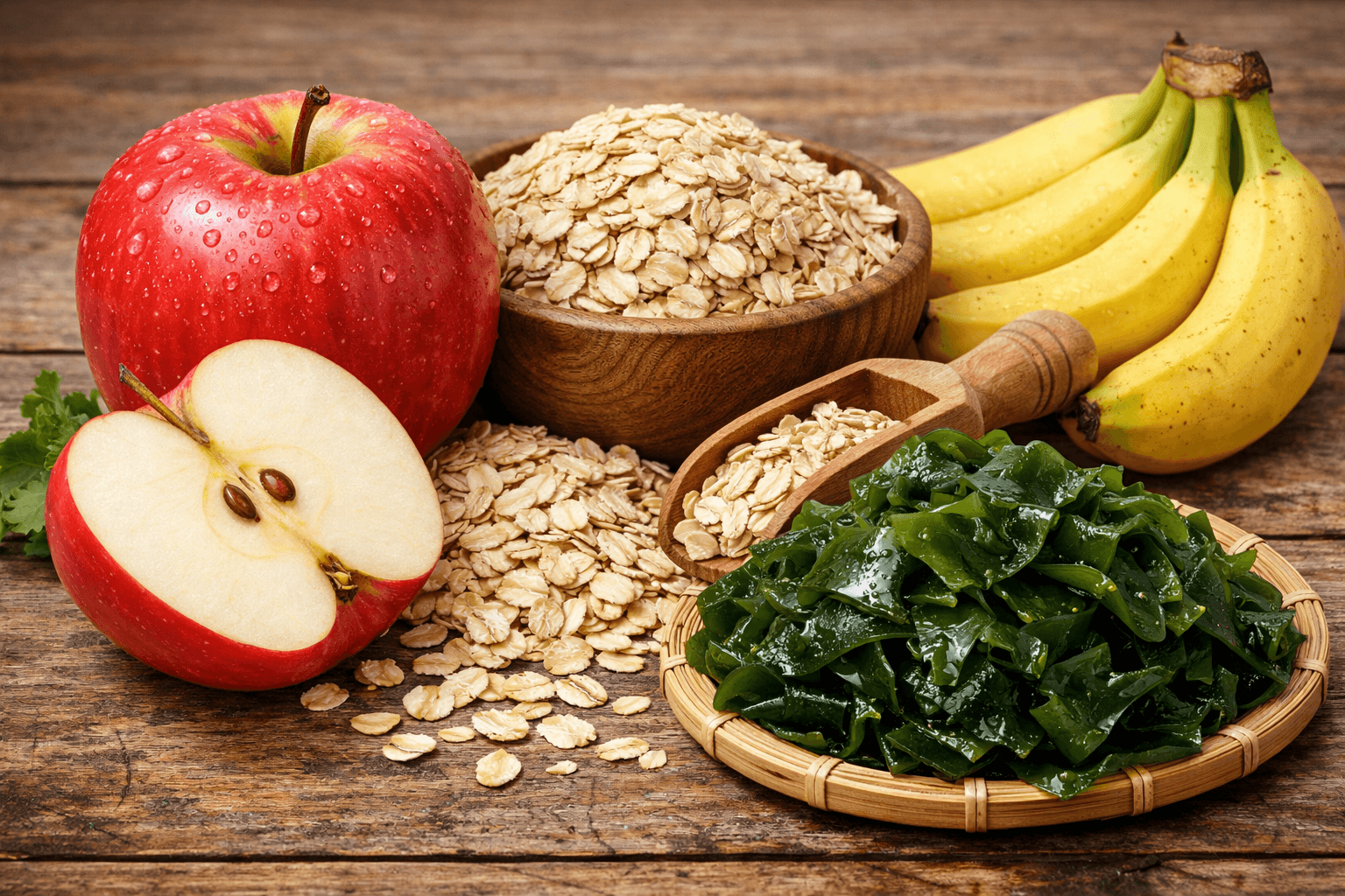 수용성 식이섬유가 들어있는 사과, 귀리, 미역, 바나나 사진
