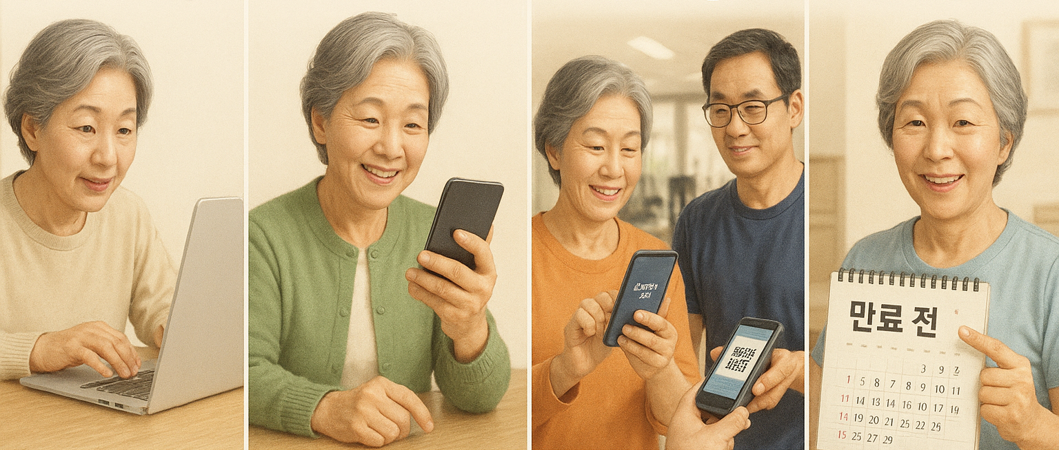 어르신 스포츠 바우처 사용법 5단계를 보여주는 분할 인포그래픽