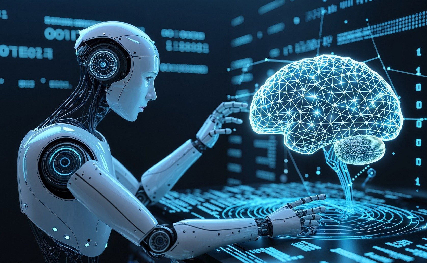 AI가 일하는데 인간뇌에 맞춰 일하고 사이드 중앙에 뇌가 홀로그램 된듯 나오는 이미지