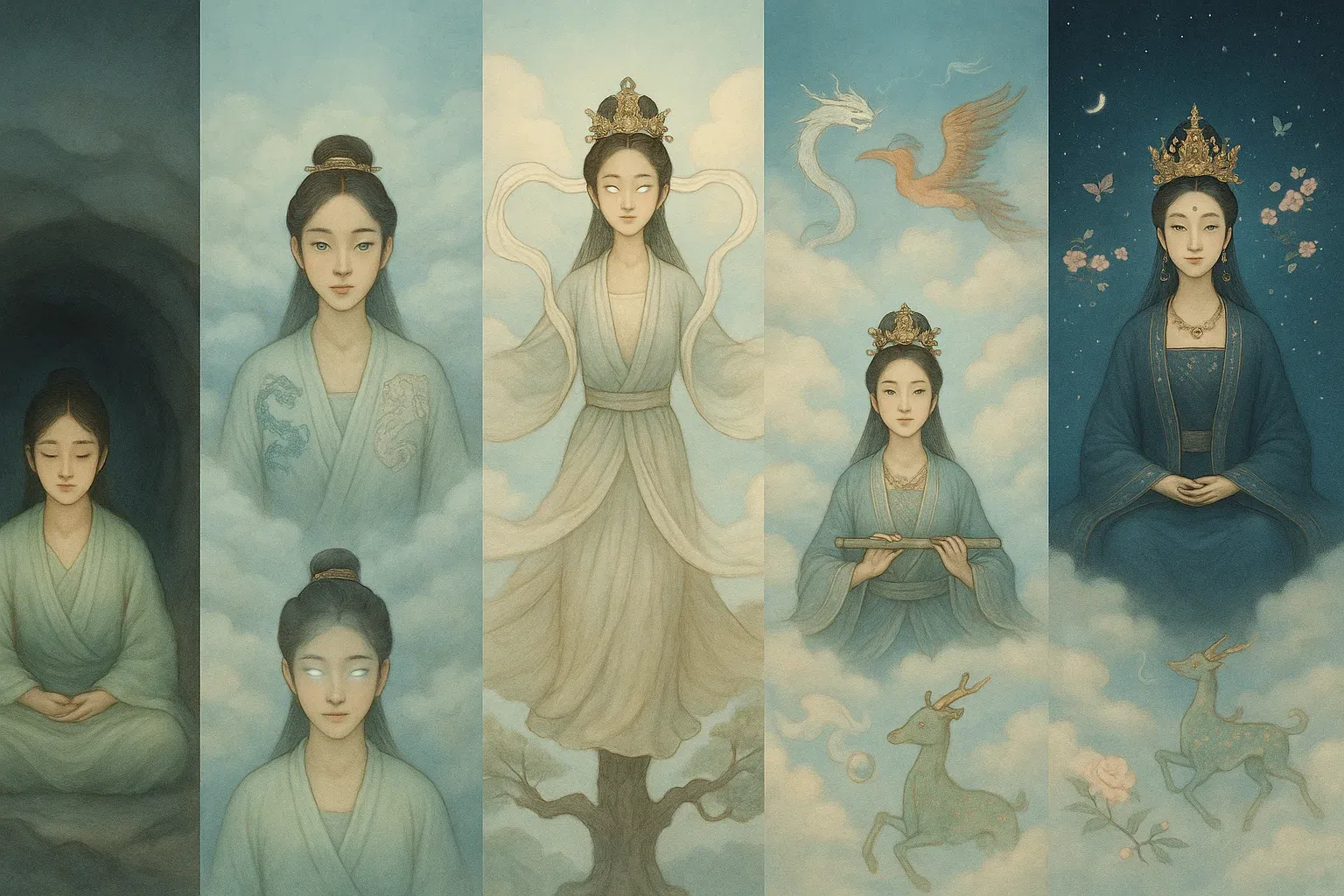 서왕모의 5단계 변화 과정을 나타내는 상징적 이미지