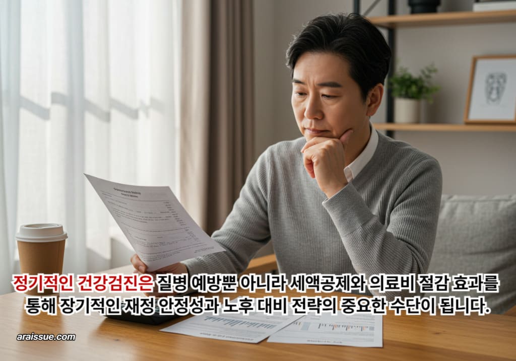 중년 환자가 종합검진 결과표와 세액공제 서류를 함께 검토하며 건강과 경제적 혜택을 동시에 고려하는 장면으로, 건강검진의 실질적 가치와 노후 재정 안정성을 보여줍니다.