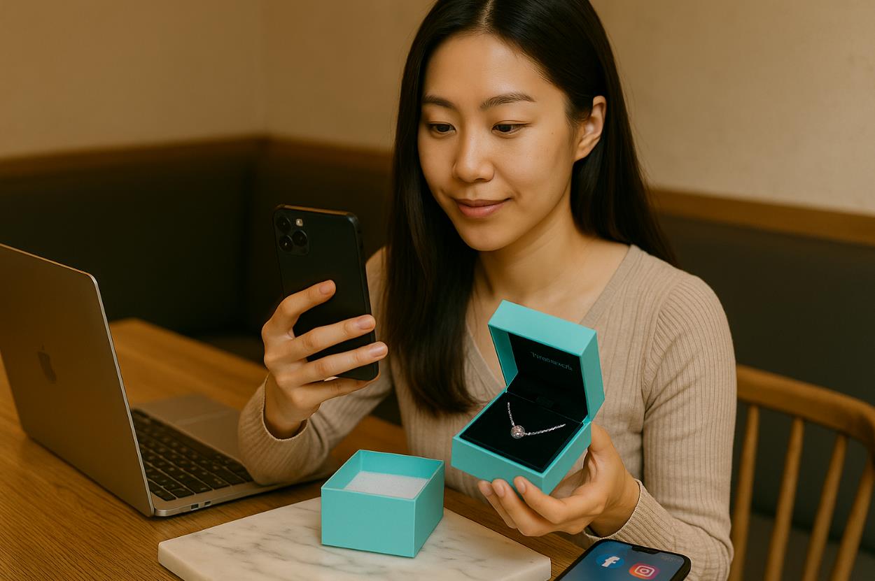 20대 여성이 스마트폰으로 촬영하며 티파니 블루 박스를 언박싱하는 장면.