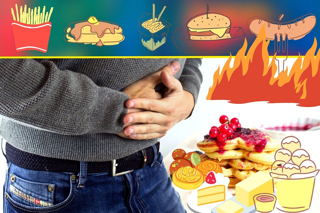 많은 음식 섭취로 복부 통증