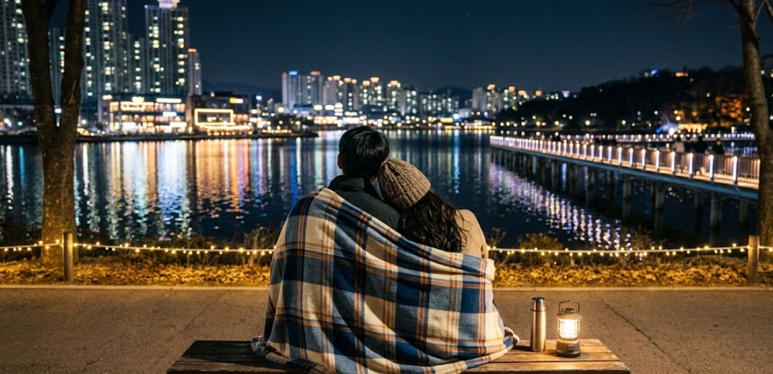 돗자리에 앉아 담요를 덮고 야경을 배경으로 셀카를 찍는 연인