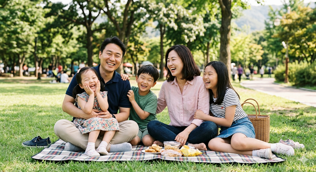 공원에서 가족이 함께 소풍을 즐기며 행복한 시간을 보내는 모습
