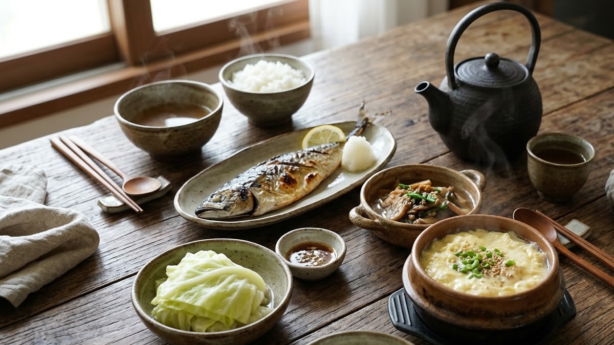 보리차와 계란찜, 삶은 양배추, 흰살생선이 놓인 담백한 상차림