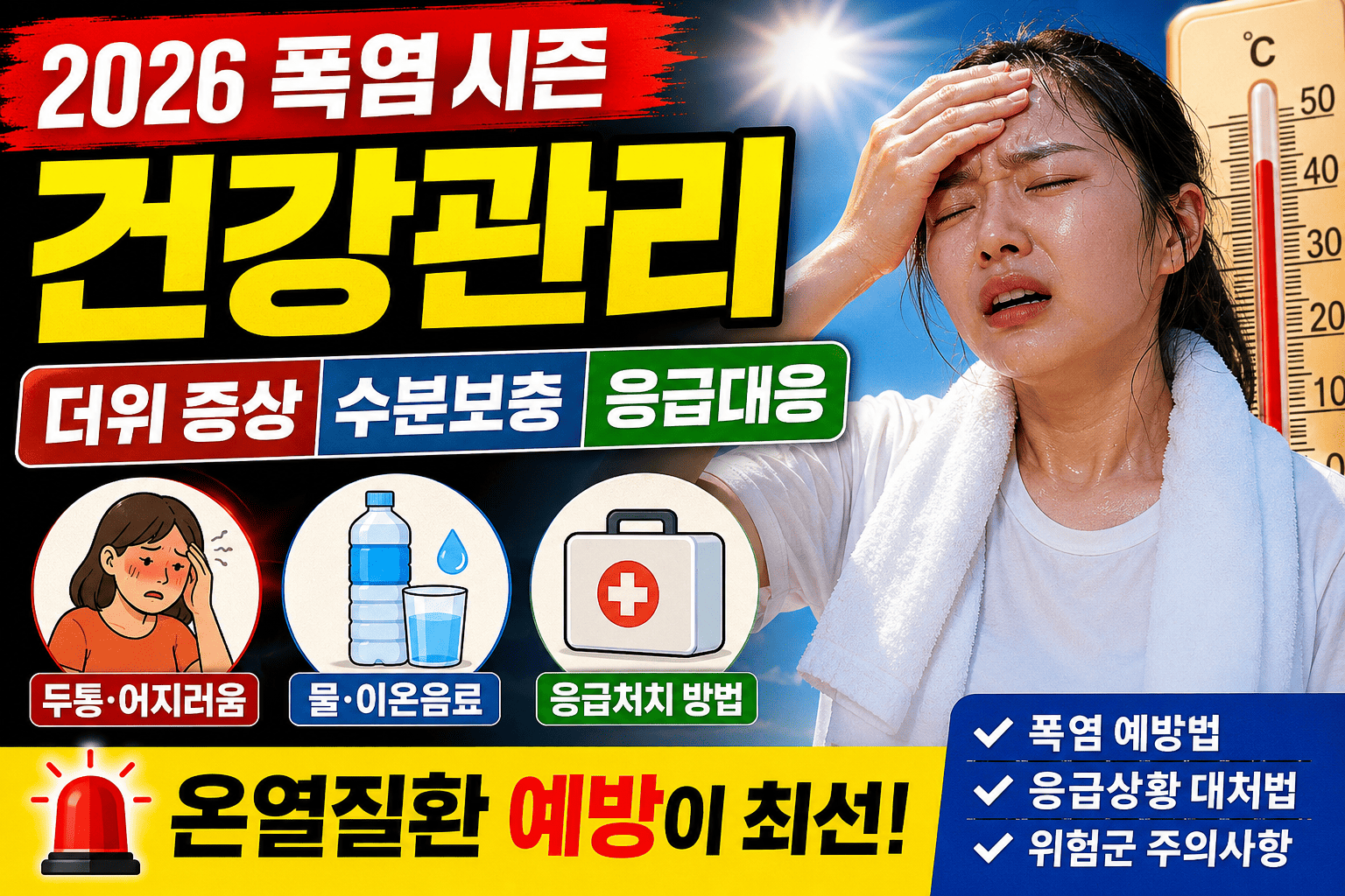 2026 폭염 시즌 건강관리 (더위 증상, 수분보충, 응급대응)