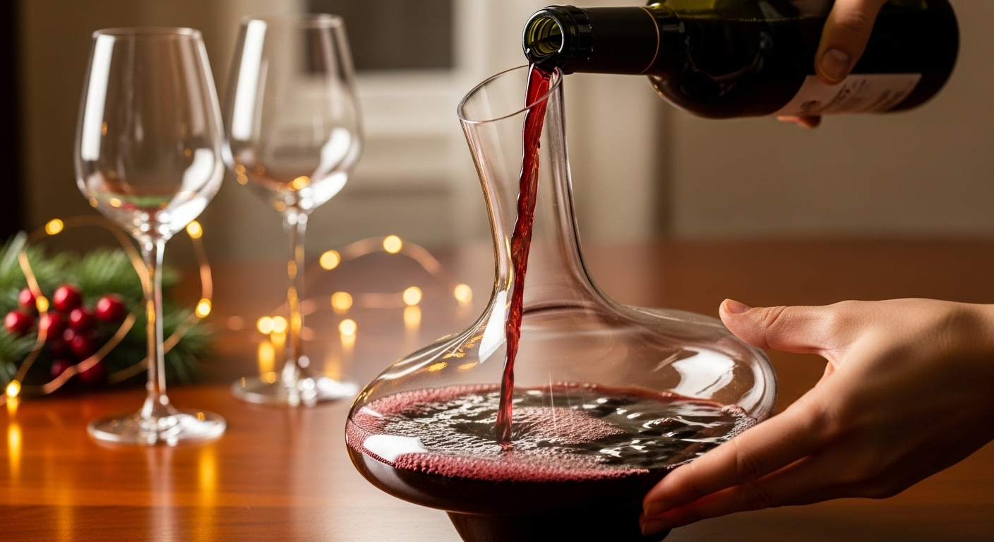 전문가가 레드 와인을 디캔터에 따르고 있는 모습. 와인 서빙의 품격을 보여주는 우아한 손길.
