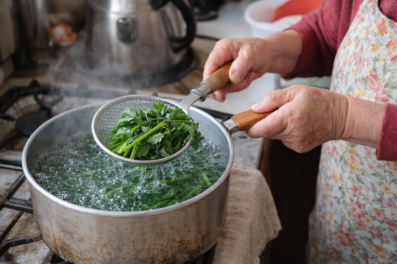 방풍나물을 끓는 물에 데치는 모습