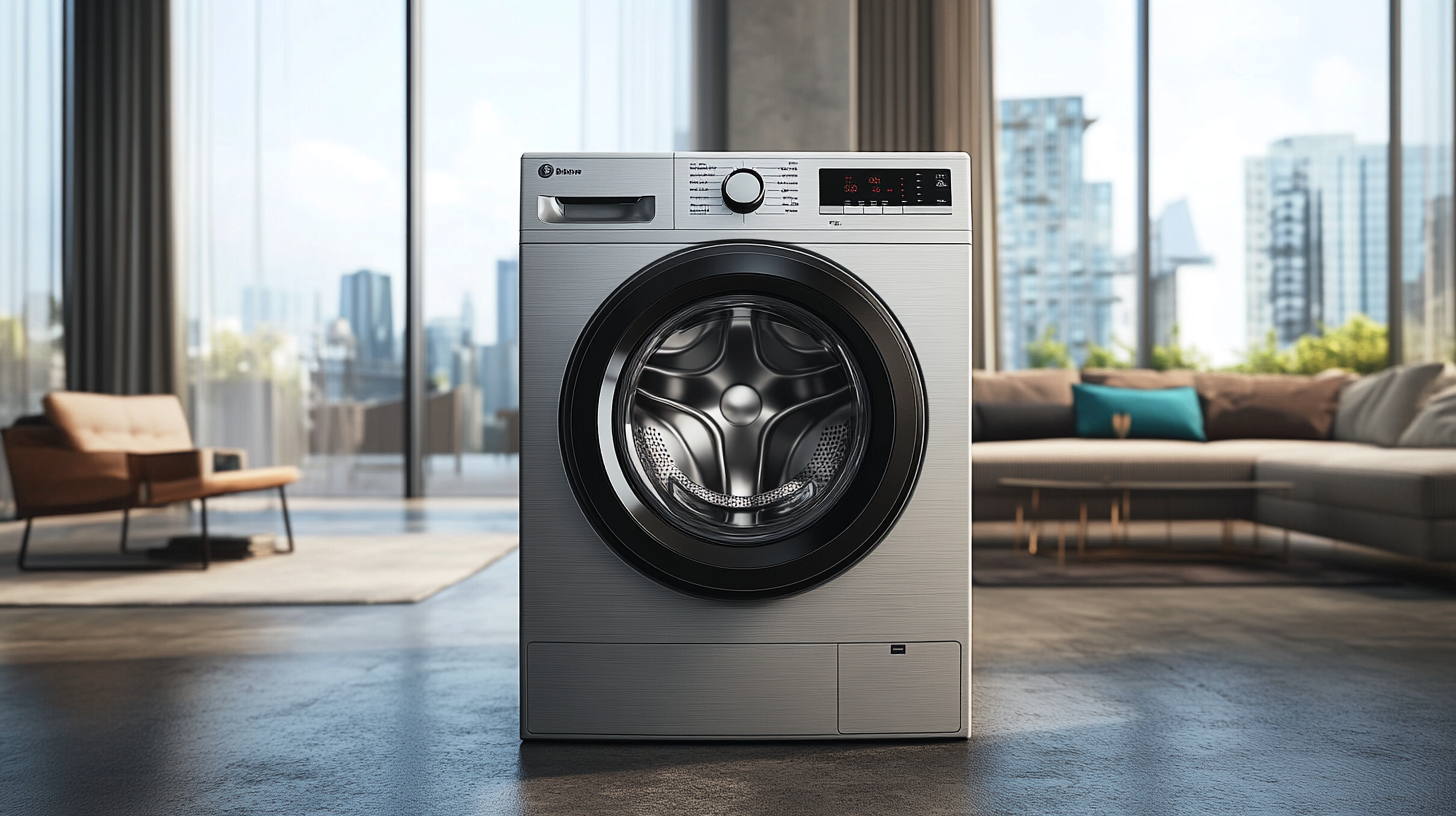 친환경적인 에너지 절약 기능을 갖춘 조용한 작동의 세탁기가 세련된 거실에서 조화를 이루며 편안한 분위기를 자아내는 모습.
