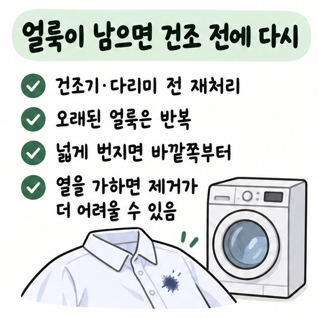 세탁 후 얼룩이 남으면 건조 전에 다시 처리하고 오래된 얼룩은 반복하거나 전문 세탁을 이용하는 카드