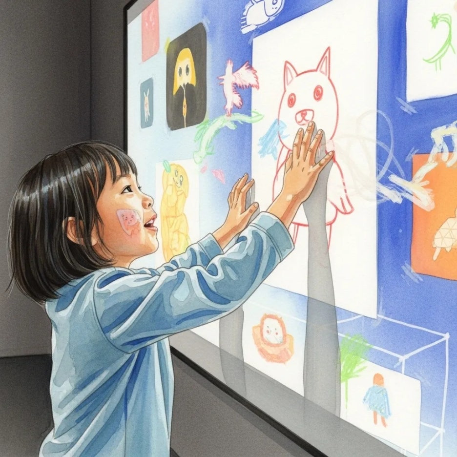 자신이 그린 그림과 상호작용하는 아이의 모습