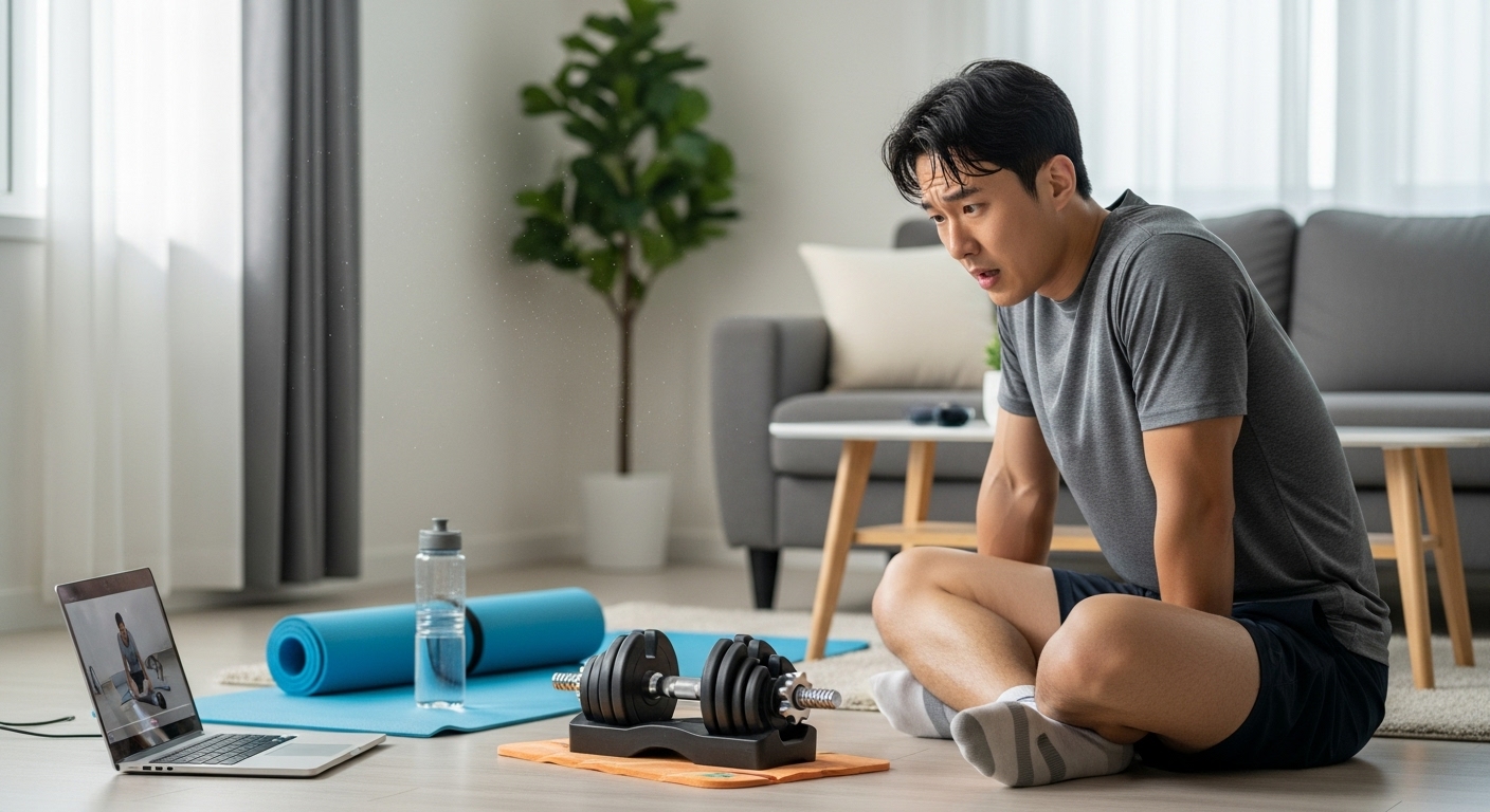 홈트 초보자가 거실 바닥에 놓인 덤벨 하나를 보며 어쩔 줄 몰라 하는 모습