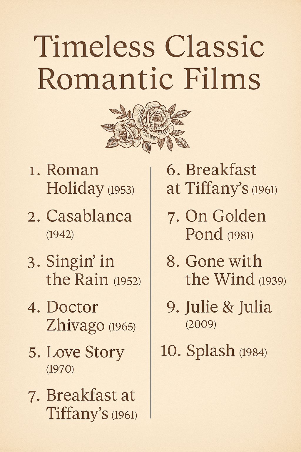 A classic-styled list of ten timeless romantic films with elegant fonts and vintage floral decoration