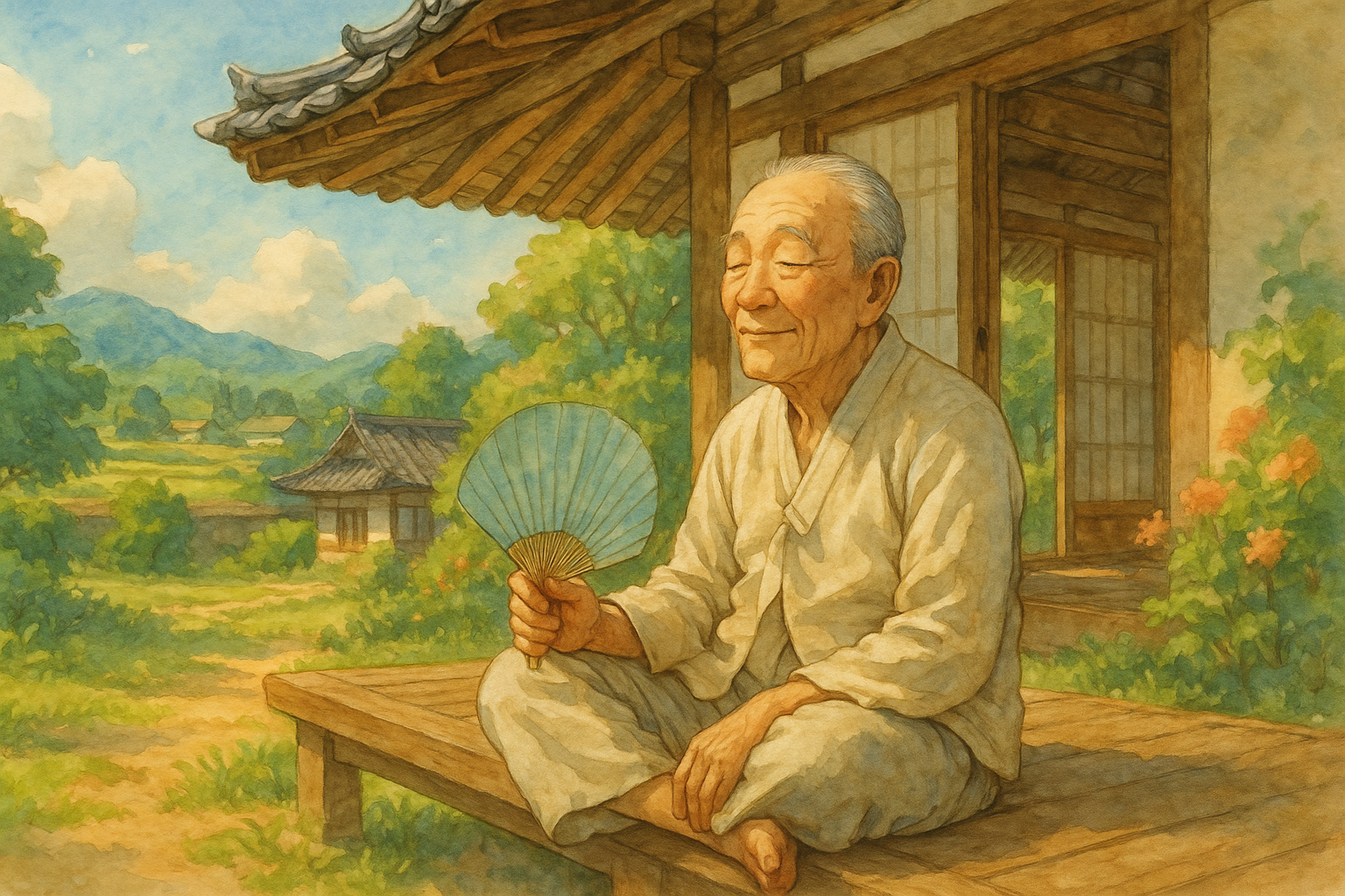 초여름 햇살 아래, 시골집 마당에서 어르신이 부채를 들고 평상에 앉아 쉬는 장면을 지브리풍 수채화 스타일로 변환해줘