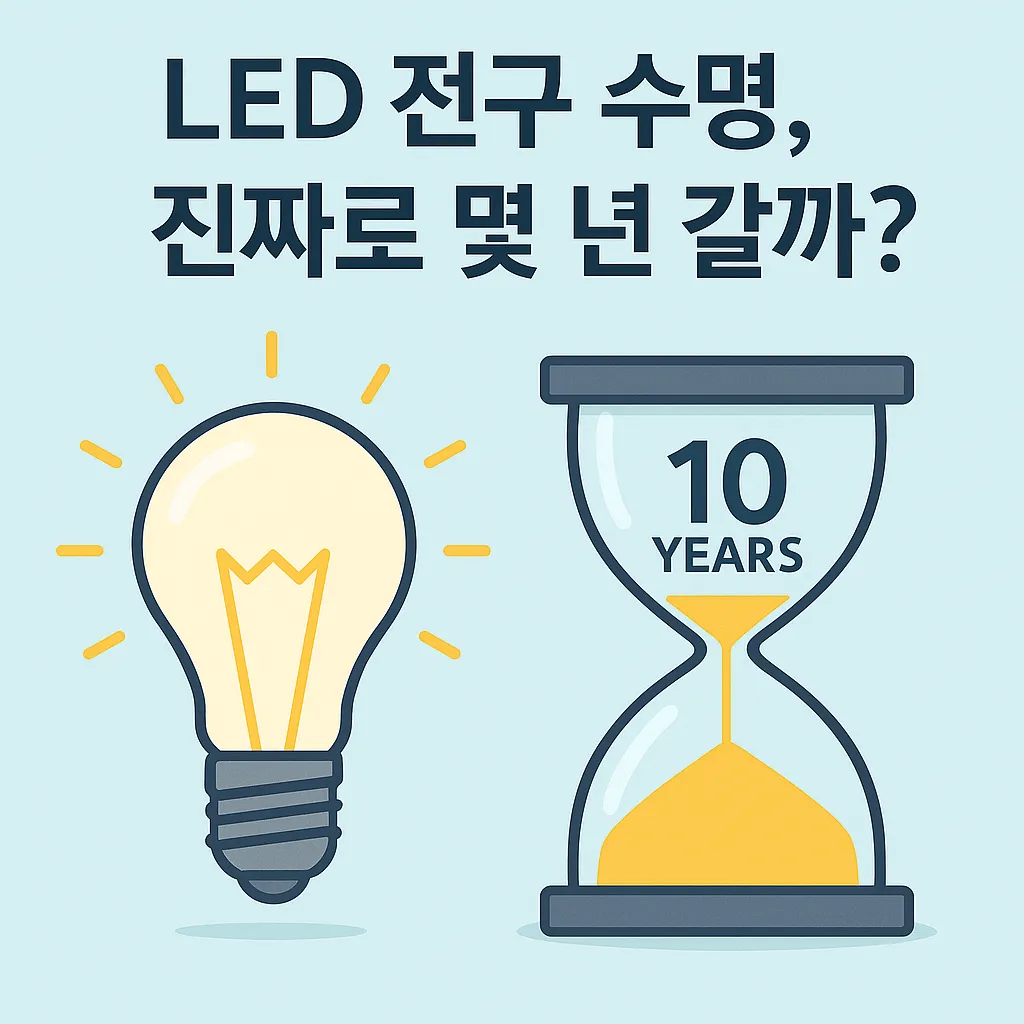 LED-전구의-수명이-실제로-몇-년-가는지를-상징적으로-표현한-일러스트-이미지로-빛나는-전구와-모래시계를-함께-배치하여-시간의-흐름을-묘사