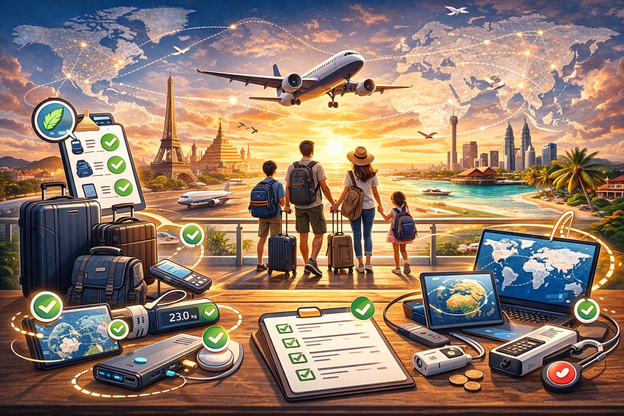 가족 디지털 노마드가 캐리어와 백팩을 분산 패킹하며 23kg 무게 관리, 체크리스트, 테크 장비와 이동식 오피스 구성을 아이콘으로 보여주는 인포그래픽