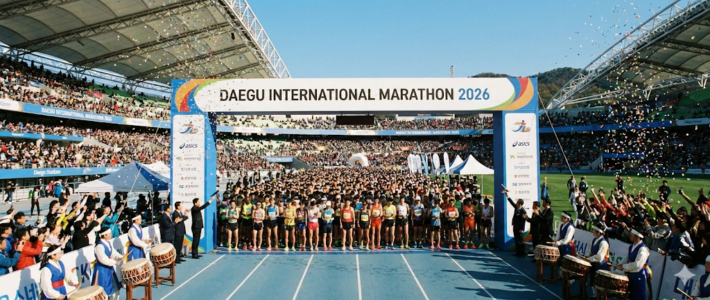 2026 대구마라톤 대회 시작 전 대구스타디움 전경 및 참가자들 모습